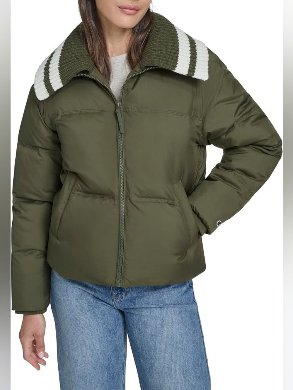 Champion Women's Quilted Puffer Jacket Olive Green, XS